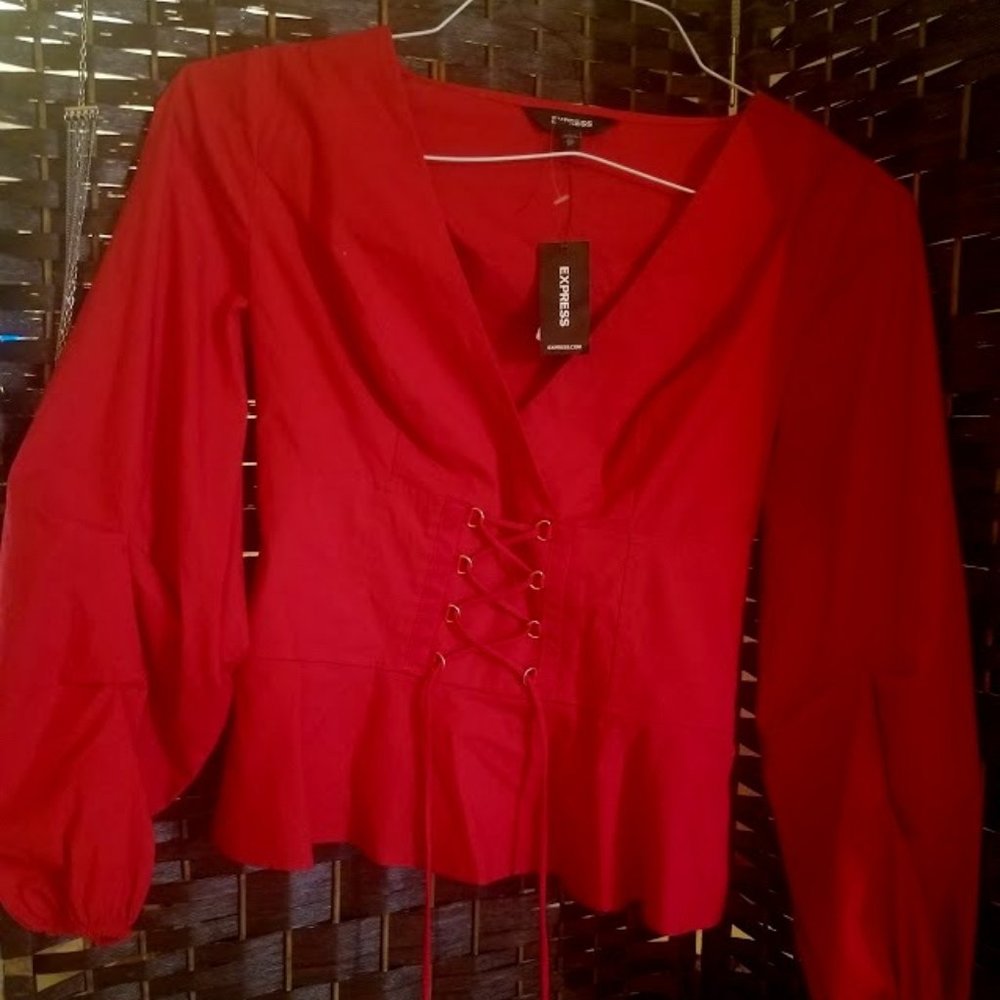 NWT Red Long Sleeves Blouse with corset-tie design in front, puff sleeves